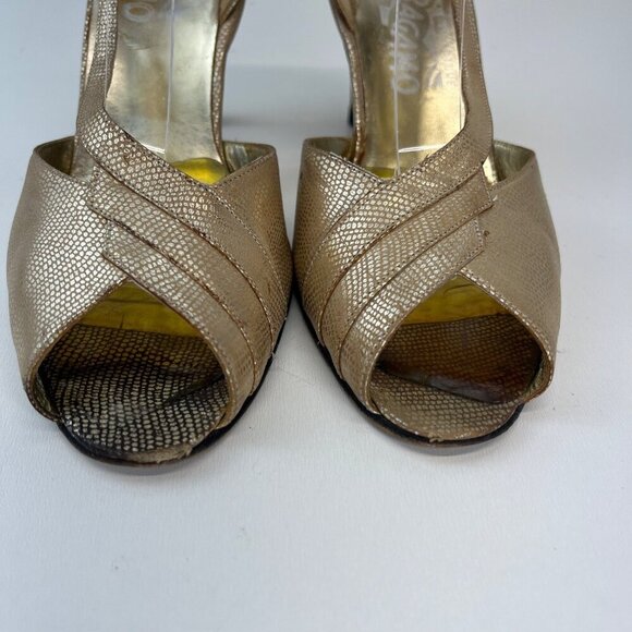 Salvatore Ferragamo Gold Peep Toe Sling Back Heels Size 8.5 Made In Italy - Picture 10 of 11